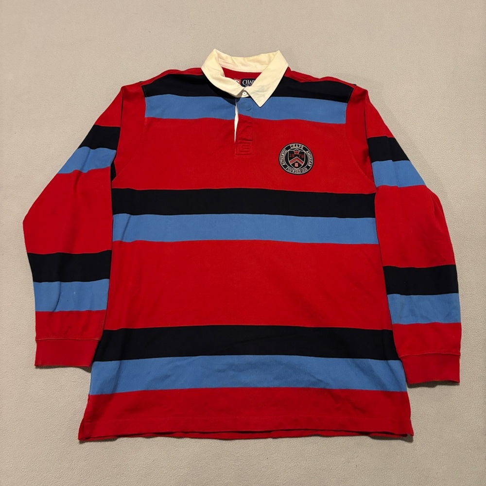 Chaps Rugby Polo Shirts Size Large Red Stripes Y2K‎ Preppy Fall Embroidery
